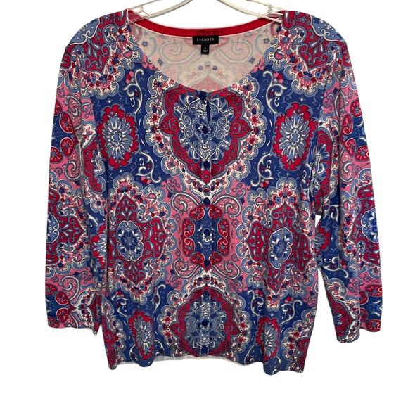 Talbots Lightweight Cardigan Womens Large Blue Pink Paisley Knit Topper Layer - Picture 1 of 7